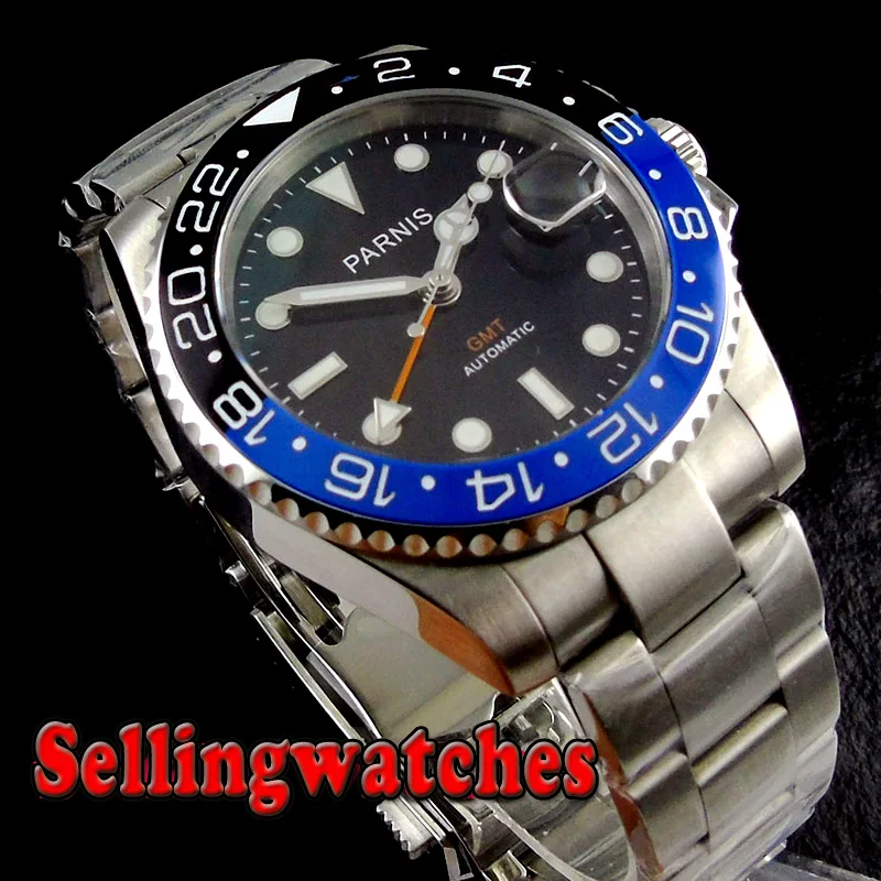 Мужские наручные часы Parnis черные с керамическим циферблатом 40 мм сапфировое