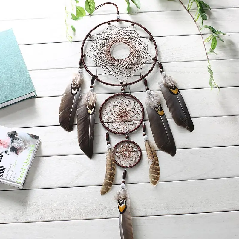 

Feather Weaving Dream Catcher Indian Eagle Feather Three Rings Wall Hanging Ornaments Handcraft Home Room Wall Decor Gifts