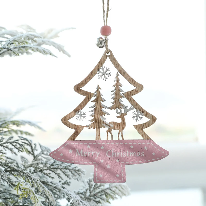 2021 New Year 1Pc Pink Christmas Ornament Wooden Hanging Pendants Star Xmas Tree Love Santa Claus Decorations | Дом и сад