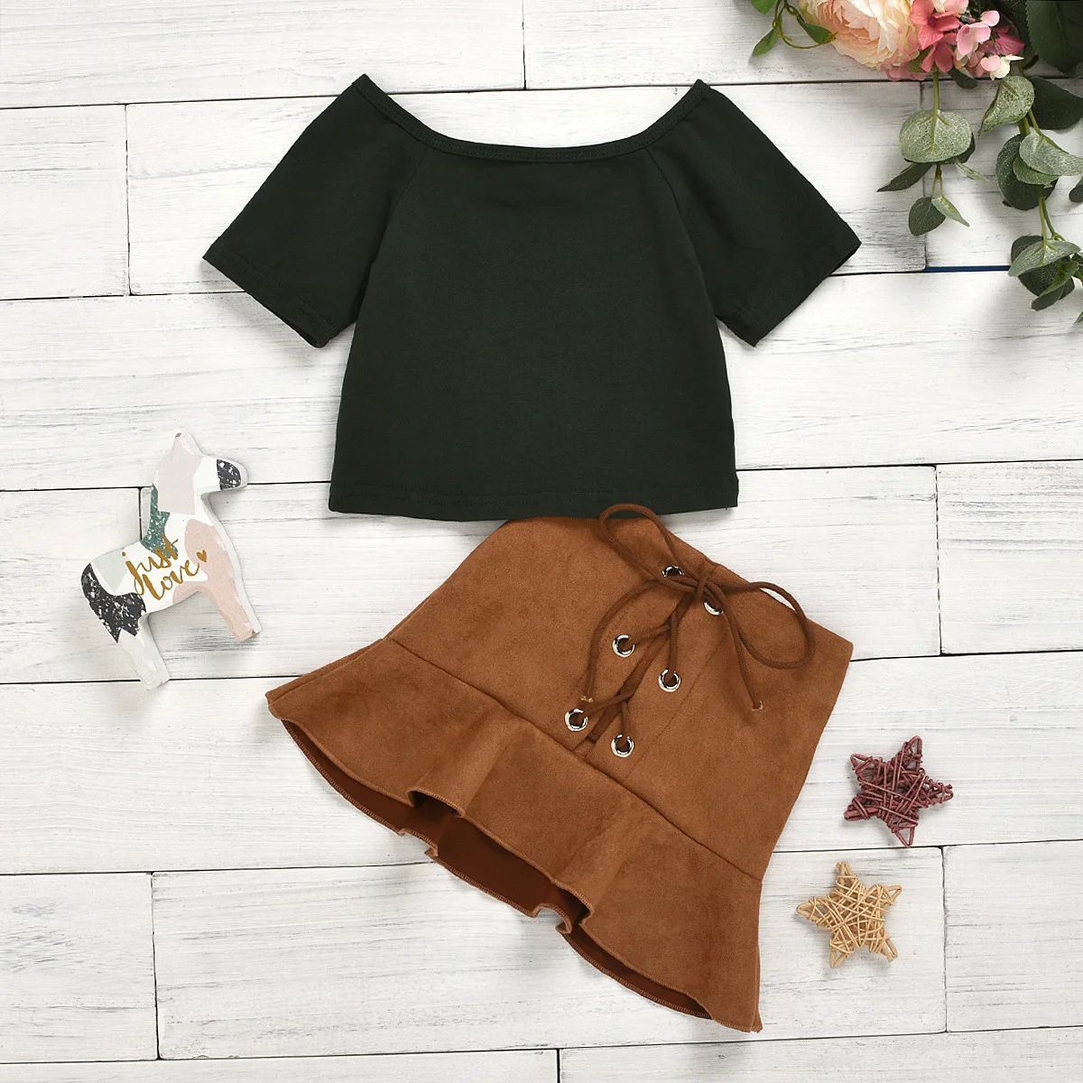 

kids baby girls solid short sleeve off shoulder tops T-shirt bow Bandage skirts ruffles fashion girls outfits set 2pcs 1-6Y