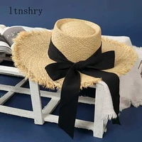new summer beach raffia black white ribbon hat women lady bow raffia hat temperament flat straw hats womens sea beach hat