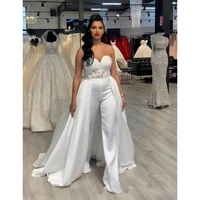 boho jumpsuits wedding dresses with pants for bride 2022 sweetheart backless sleeveless long train outdoor bridal gown appliques
