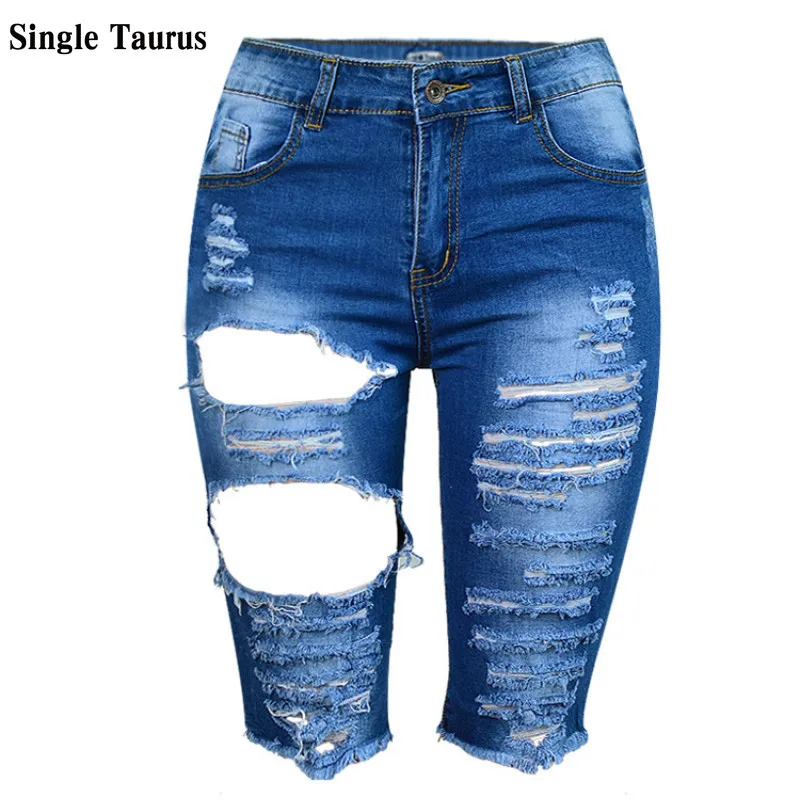 

2021 Summer Female High Waist Ripped Jeans Sexy Knee Length Midi Pencil Denim Pants Bleached Vaqueros Mujer Plus Size Pantalon