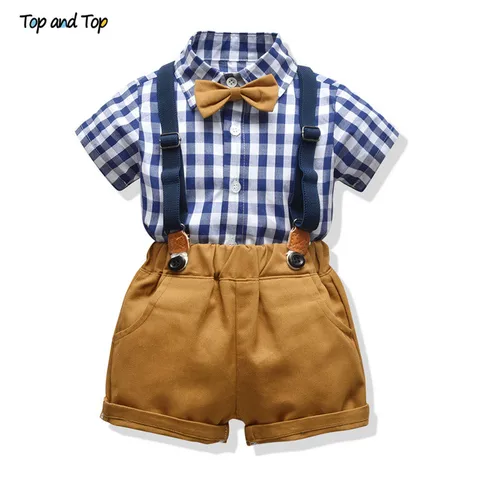Комплект одежды для маленьких мальчиков из рубашки с коротким рукавом и шортов на подтяжках