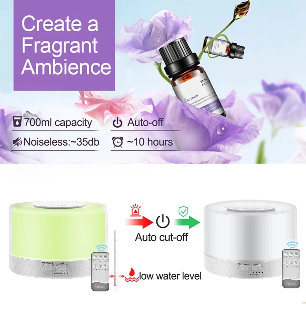 

Remote control Ultrasonic 500ml Wood Grain Natural Scents Cool Mist Humidifier Aromatherapy Aroma Diffusers with LED Night Light