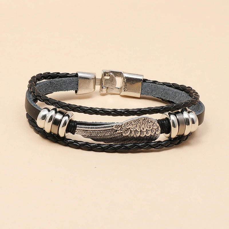 Fashion Punk Black Men Bracelet Vintage Multilayer Feather Angel Wing Charm Braided Leather Rope Chain Bangle Wristbands Jewelry | Украшения