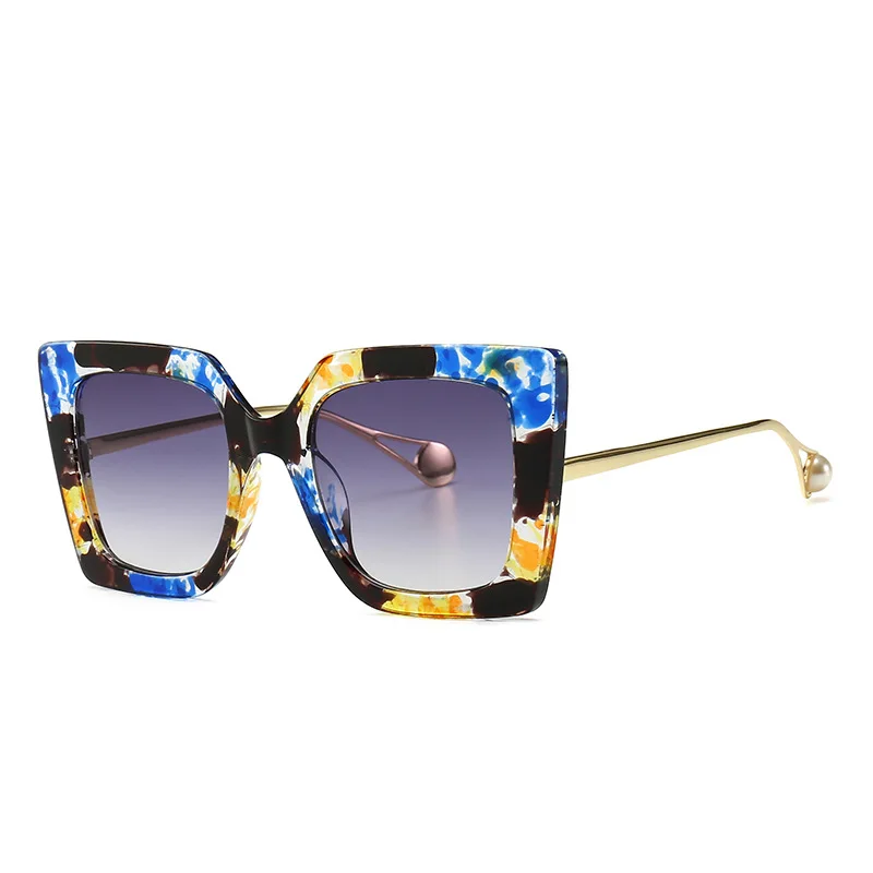 

Classic Blue Floral Sunglasses Women Luxury Brand Designer Pearl 2021 Cat Eye Sun Glasses for Female Ladies UV400