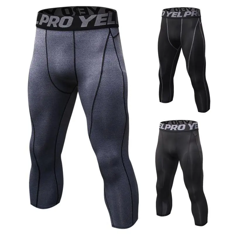 Men 3/4 Running Compression Pants Tights Sports Leggings Fitness Sportswear Long Trousers Gym Training Skinny Pants