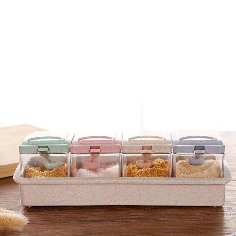 

Ecofriendly Seasoning Box Kitchen Storage Bottle for Spice 4 Grids Storage Jar for Kitchen Things