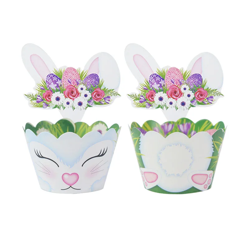 

12pcs Cartoon Rabbit Printed Cupcake Wrapper Toppers Easter Party Cake Decoration Cake Decor For Home Bakery Baking Supplies