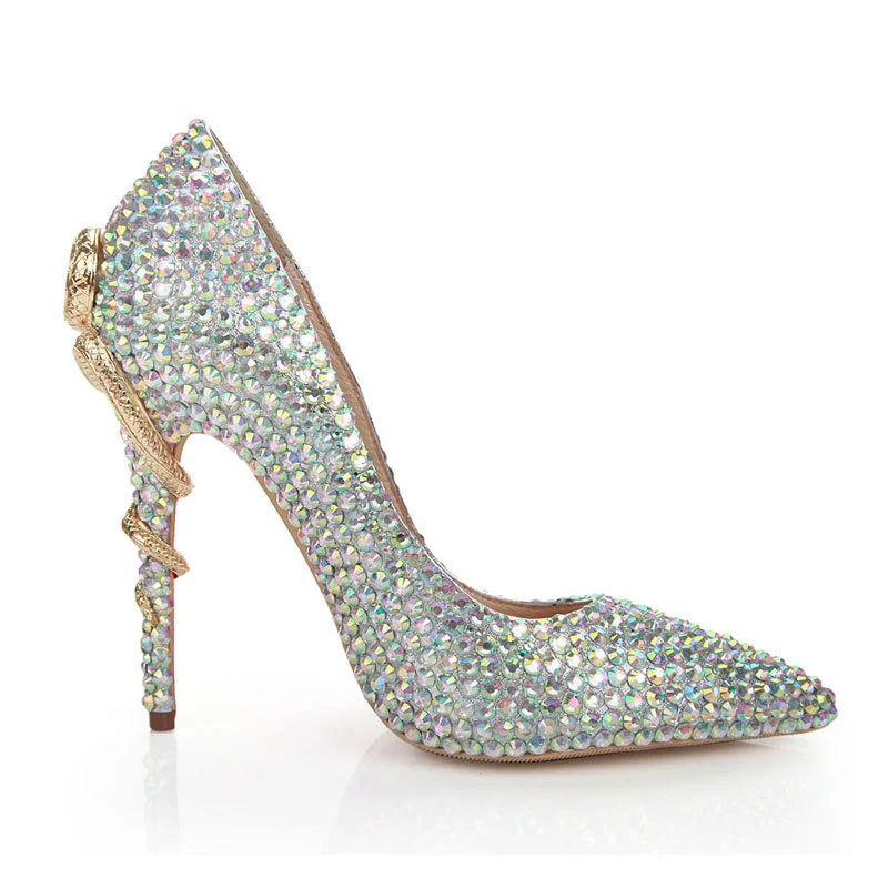 

Autumn and winter Korean leather high heeled shoes women's color diamond pointed snake shaped thin heel Wedding