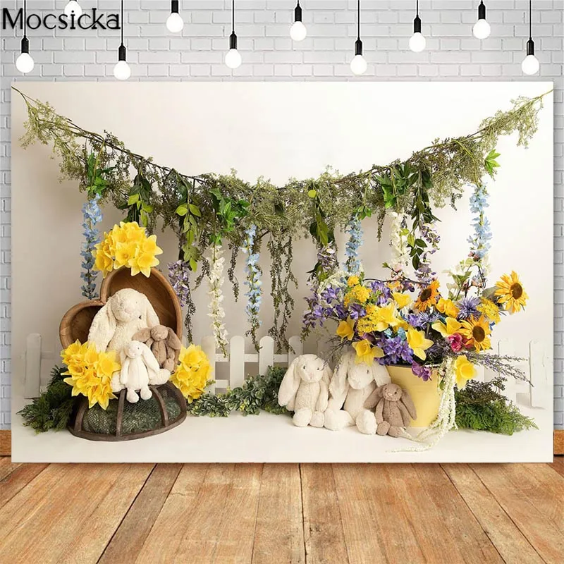 

Easter Flower Cute Bunny Backdrops Children Birthday Cake Smash Photo Props Studio Booth Background Flowers Decor Photoshoot