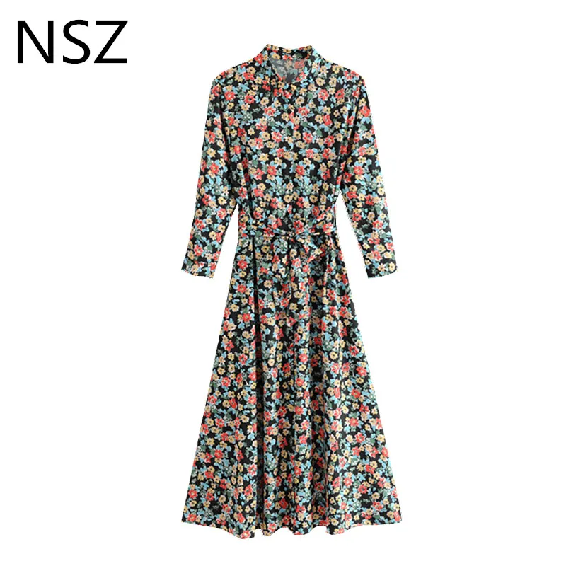NSZ женское длинное платье макси с цветочным принтом длинный рукав отложной