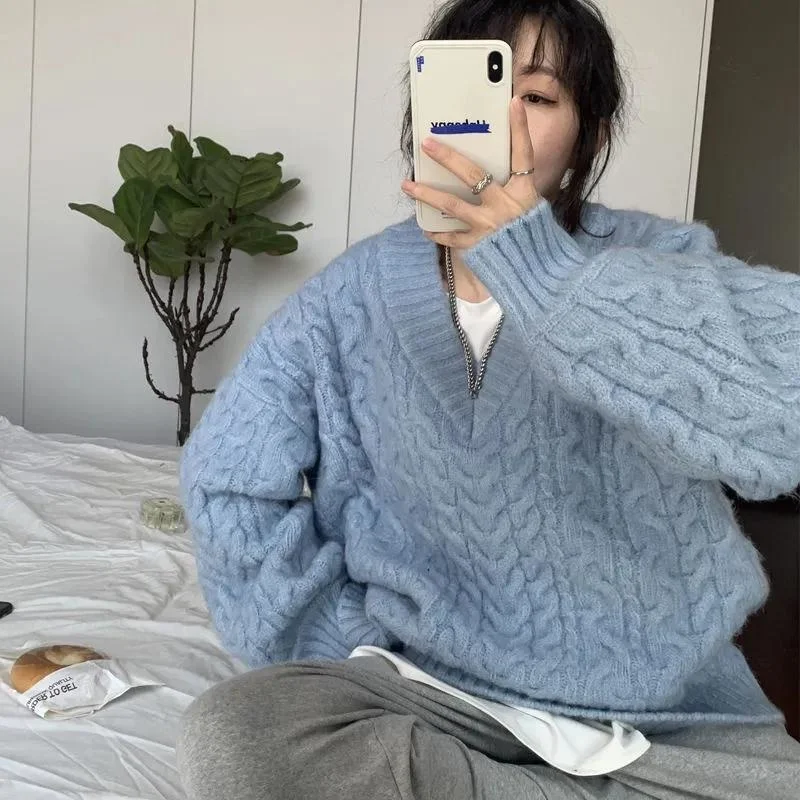 

Свитер женский осенне-зимний Свободный Повседневный пуловеры оверсайз корейские однотонные топы с V-образным вырезом Женские винтажные Фо...