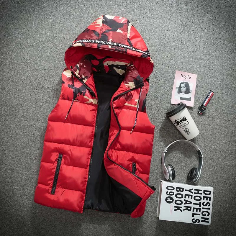 Red Jacket Зимний хлопковый жилет для мужчин, камуфляж, осень, повседневный мужской классический теплый плотный жилет с капюшоном без рукавов, детский жилет для колледжа - Цвет: Red Jacket