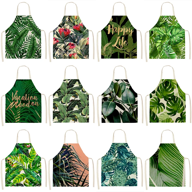 

Green Tropical Palm pattern 53*65cm Cleaning Aprons Home Cooking Kitchen Apron Cook Wear Cotton Linen Pinafore Adult Bibs 46342