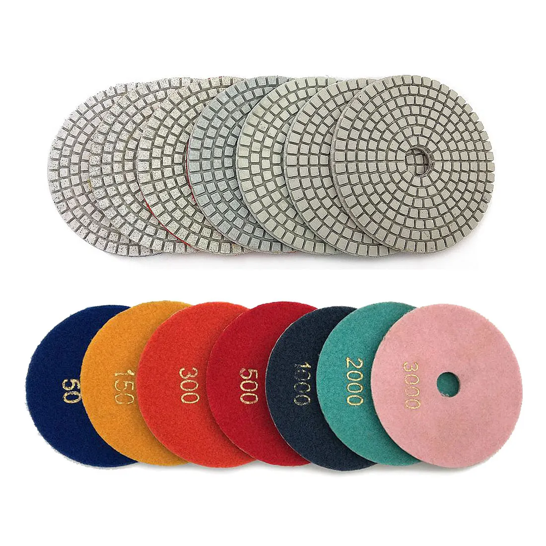 

Diamond Polishing Pads Kit 4 inch 3 inch Wet/ Dry for Granite Stone Concrete Marble Polishing Use Grinding Discs P50-P1500