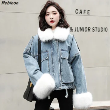 Джинсовые лоскутные шерстяные плюшевые милые пальто с отложным воротником и