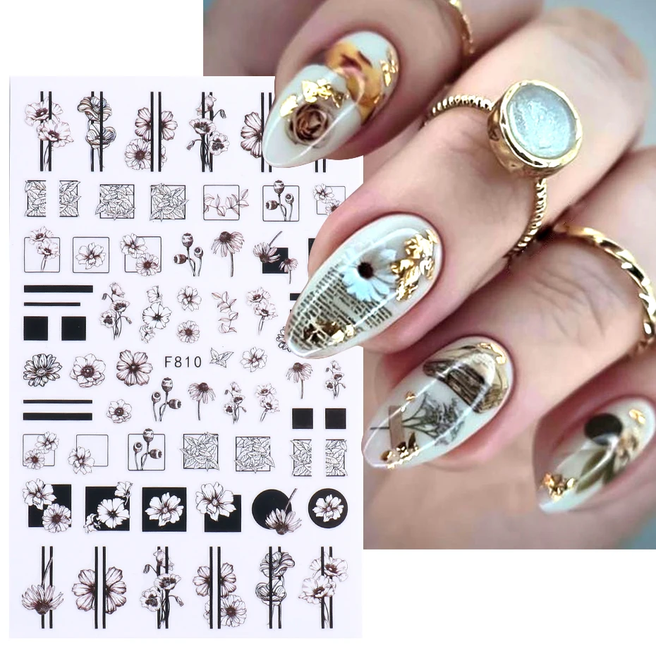 Черный и белый цветок ногтей 3D стикер простой дизайн слайдер в виде листа