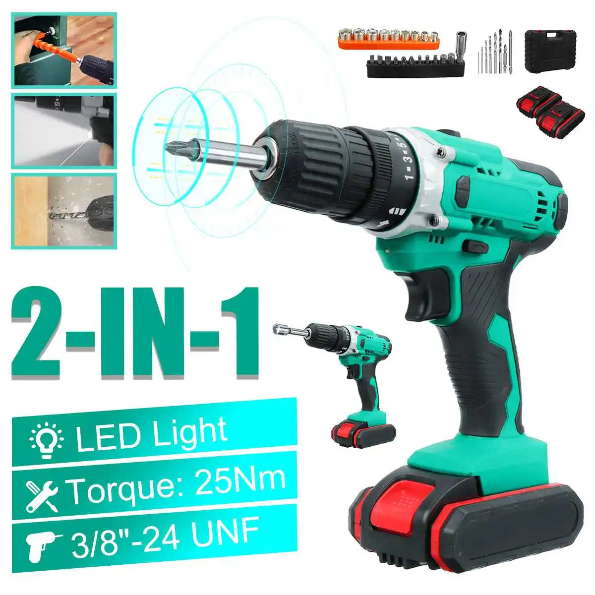 

48VF Impact Drill Adjustment 25+1 Torque Electric Screwdriver Cordless Drill LI-ION Battery Rechargeable Home DIY Power Tools