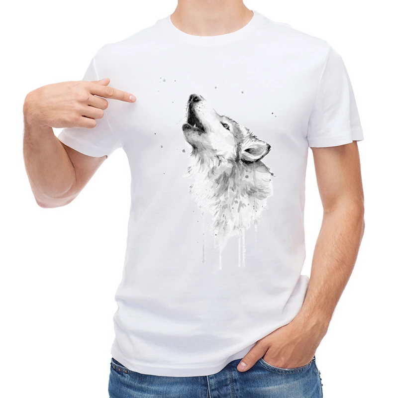 

TEEHUB Retro Men T Shirt Fashion Watercolor Wolf Howling Printed Short Sleeve T-shirt O-Neck Tops Cool Tees