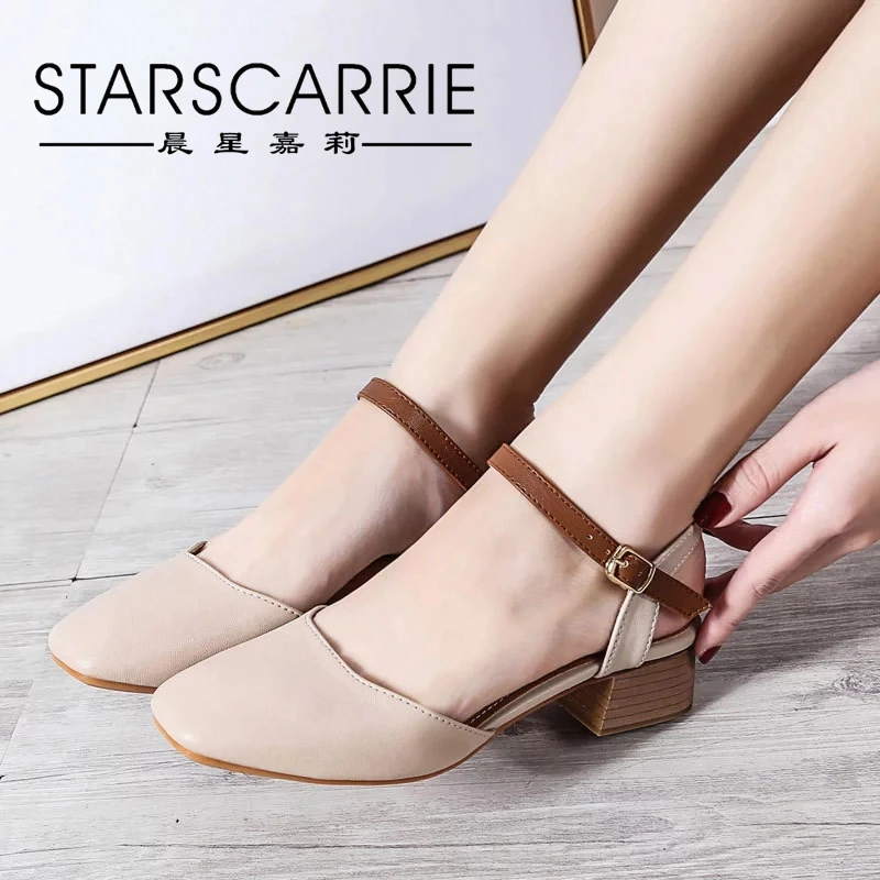 

Mary Jane thick heel Baotou sandals women's 2021 summer new square hollow single shoe middle heel belt buckle