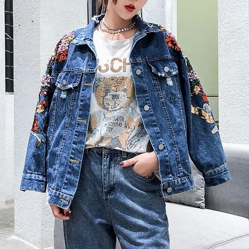 Spring Autumn Casual Denim Jacket Women Embroidery Floral Beading Pearl Sequin Patch Epaulet Ripped Hole Bomber Jeans coat NZY27 | Женская