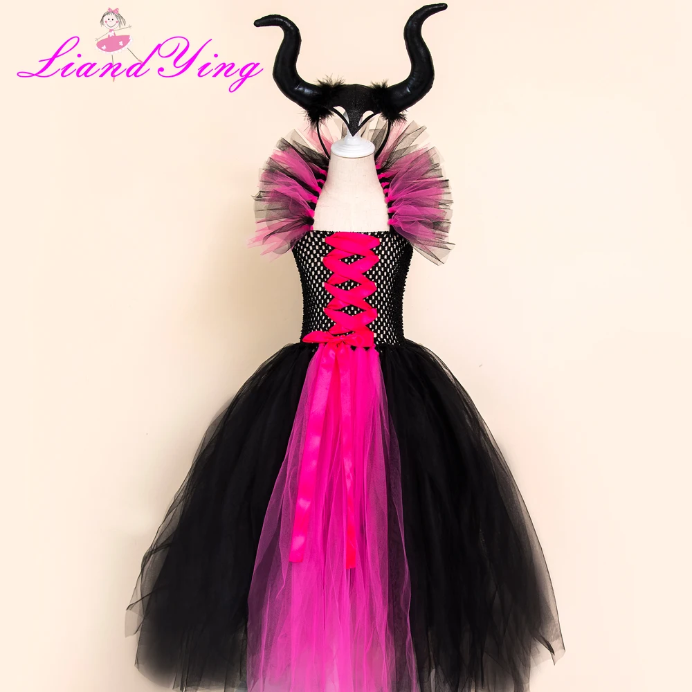 Maleficent/платье-пачка «злая королева» для девочек с рогами, костюм ведьмы для косплея для девочек, детское праздничное платье, детская одежда