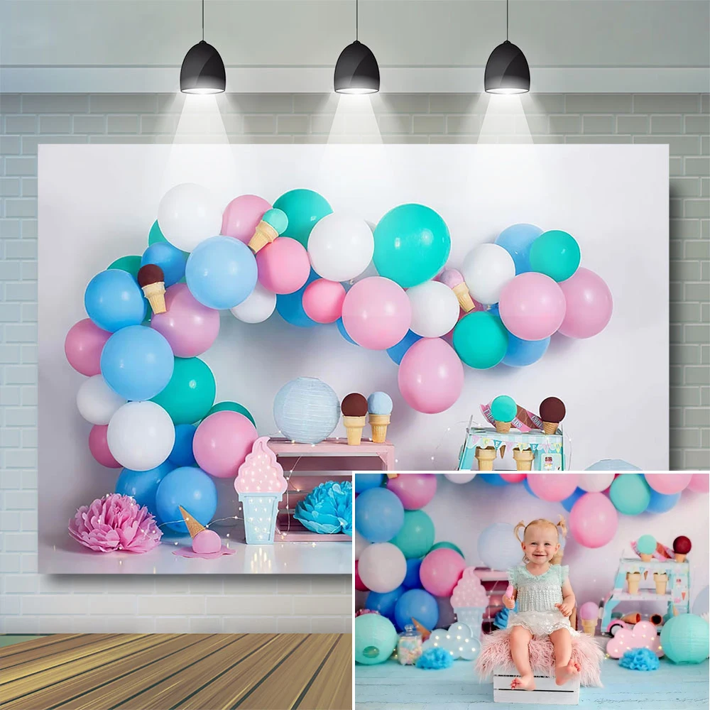 

Ice Cream Theme Photography Background Kids 1st Birthday Color Balloon Party Banner Child Portrait Cake Smash Baby Photostudio