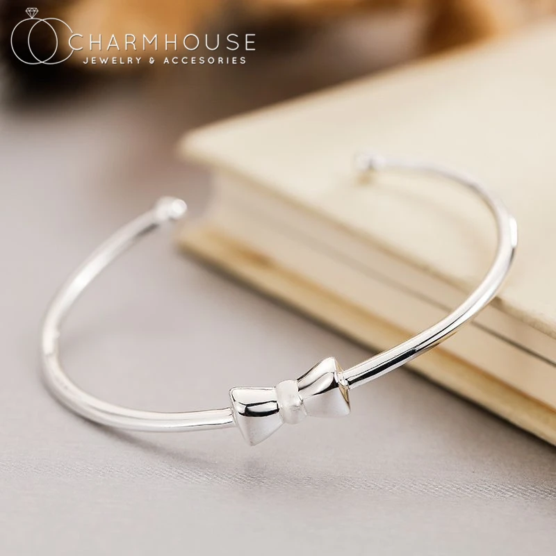 

Pure Silver Cuff Bangles For Women Bowknot Charm Bracelet & Bangle Wristband Pulseira Femme New Fashion Jewelry Accessories Gift