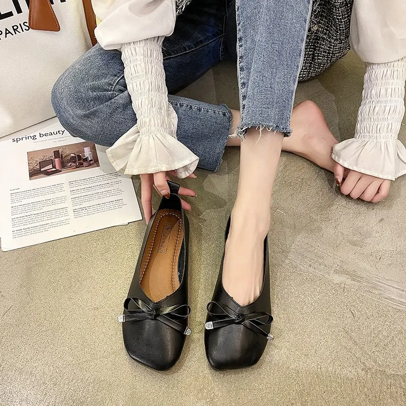 

2021 Square Toe Summer Shoes Women Oxford Flats Bow-knot Leather Full Shallow Office Outsole Female Ballet Derby Shoes Ladies