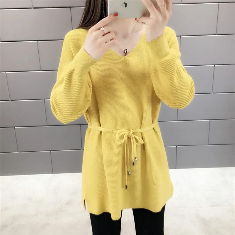 

2020 Autumn Knitted Pullover Sweater Women V-neck Long Sleeve Pull Jumper Yellow Female Tops With Belt Loose Pullovers Sweaters