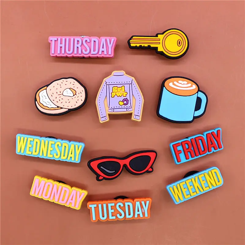 Monday to Weekend Shoe Charms Accessories Coffee Cake Sunglasses Golden Key Shoe Buckle Decorations fit Kids X-mas Party Gifts