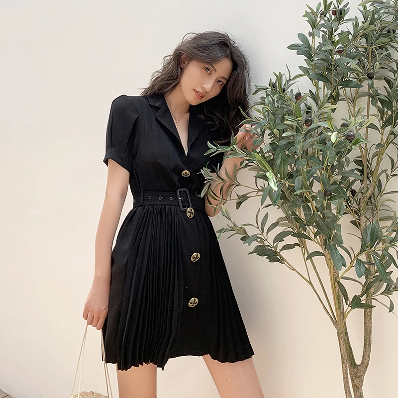 Модельное Плиссированное шифоновое платье модное офисное женское черное