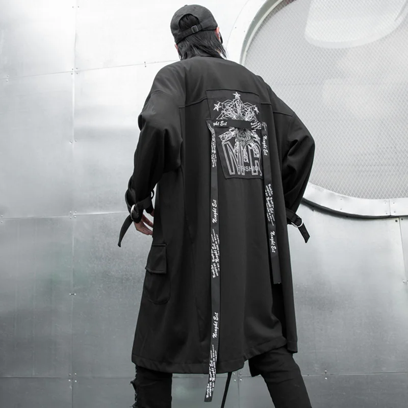 

Autumn Winter Long Trench Coat Men Harajuku Ribbons Print Punk Windbreaker Cloak Male Black Single-Breasted Techwear Long Jacket