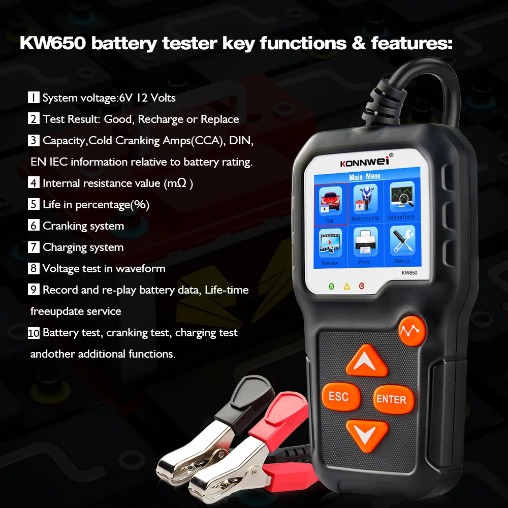 KONNWEI KW650 автомобильный мотоцикл батарея тест er 12V 6V система батареи анализатор