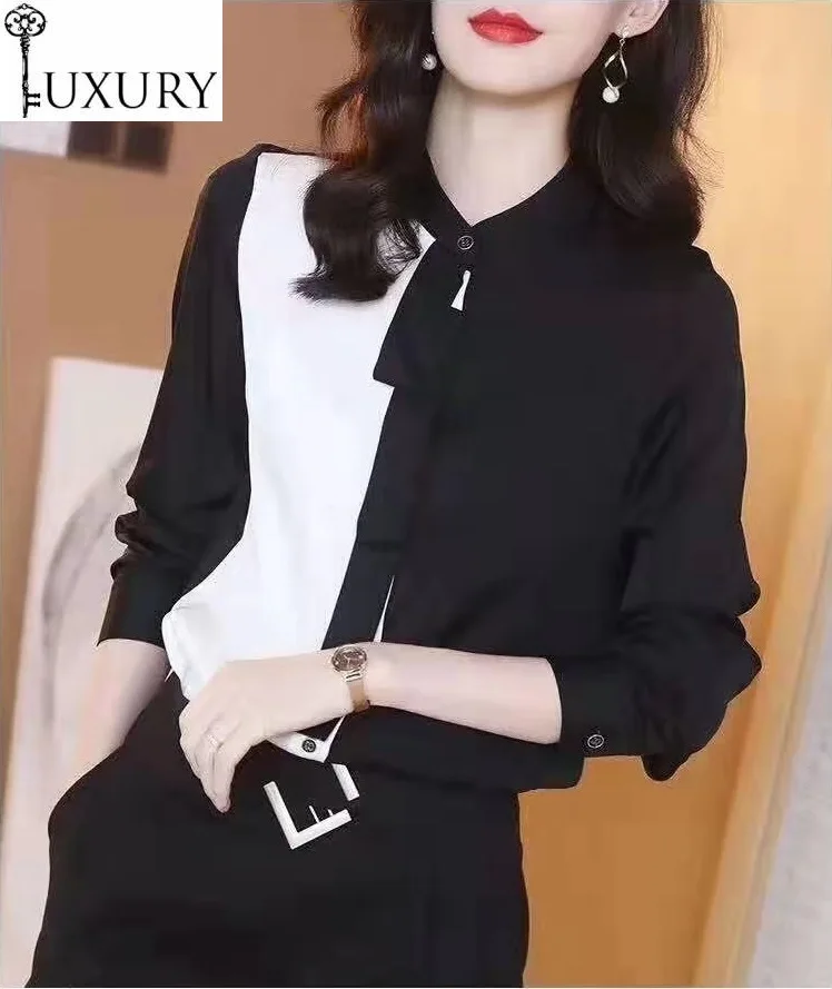 

Quality Designer Blouse High 2020 Spring Summer Tops Women Bow Tie Elegant Long Sleeve Color Block Shirts Office Lady