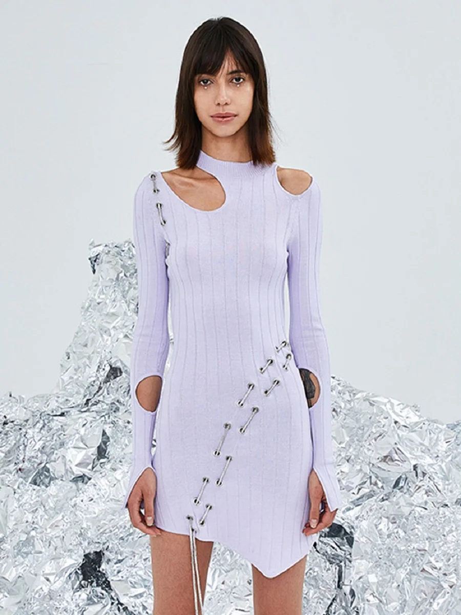 

Ladies Tight-fitting Hollow Sexy Sweater Dress 2020 New Ladies Retro Fashion Party Dress Irregular Long Sleeve Dress bing XL