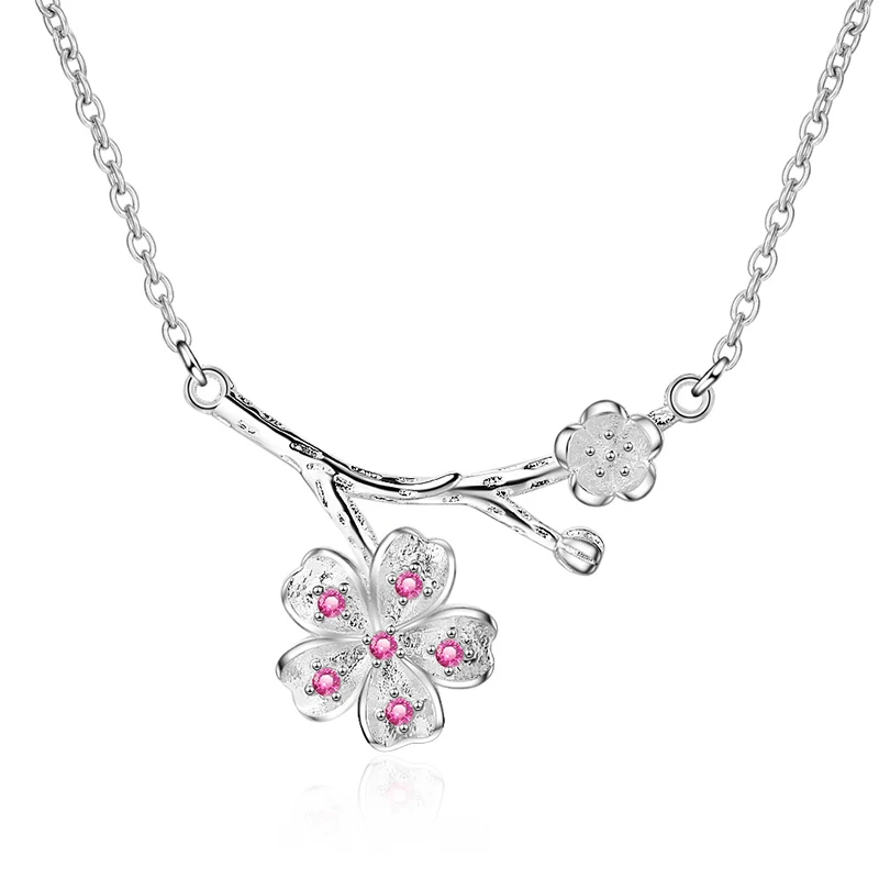

Fanqieliu 925 Sterling Silver Jewelry Flower Pendant Necklace For Women Pink Crystal Choker Necklaces Woman Fashion FQL20100