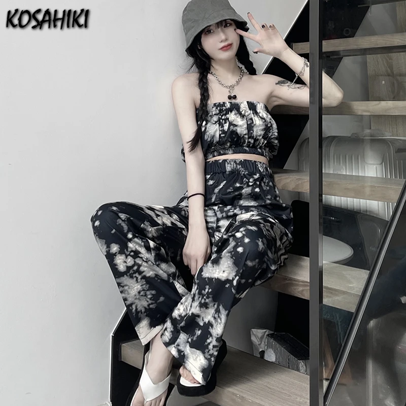 

KOSAHIKI Harajuku Tie Dye Two Pieces Set Women Vest + High Waist Pants 2021 Summer Fashion Streetwear Y2k Suit Outfits
