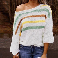 autumn thin striped printing multicolor stitching sweater sweater women loose long sleeved shirt v neck casual plus size sweater