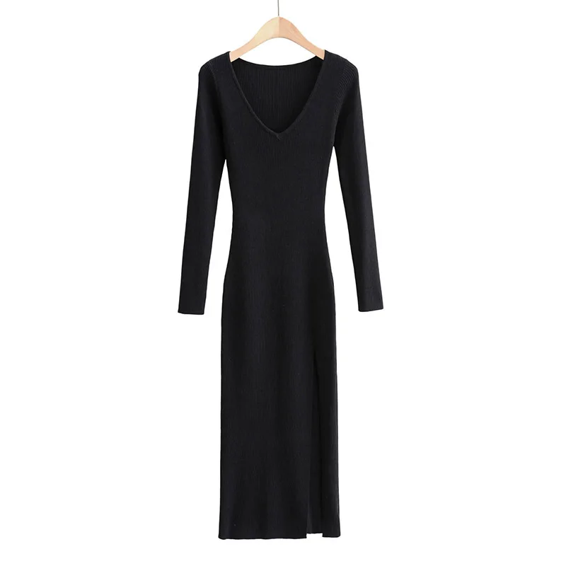 

Slimming Knitted Dress for Women Spring Autumn Casual Vintage V Neck Long Sleeve Split Clothing Blue Apricot Black Freeshipping