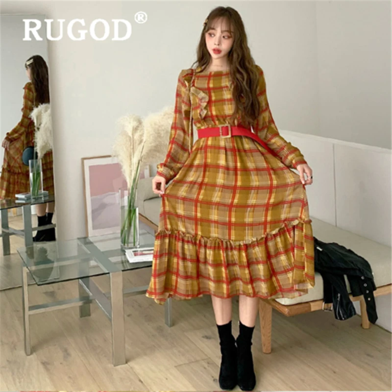 RUGOD корейское весеннее Новое клетчатое платье Женская мода круглый вырез офисное