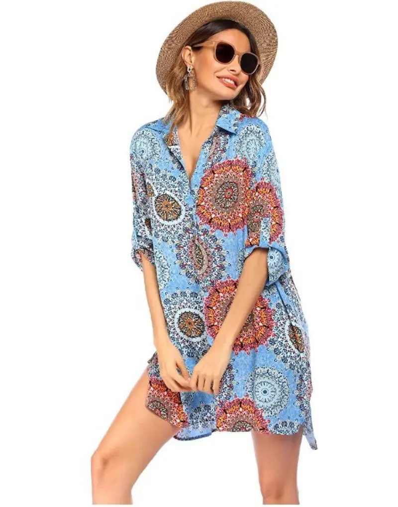 

2021 Bikini Blouse Cover Up Women'S Swimwear Conservative Printing Deep V Swimsuit Beach Sunscreen Clothing