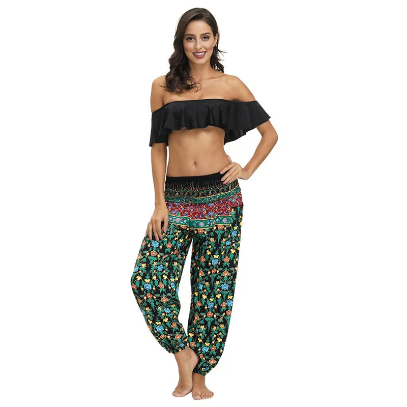 Женские богемные брюки свободное с цветочным принтом пляжные тайские шаровары