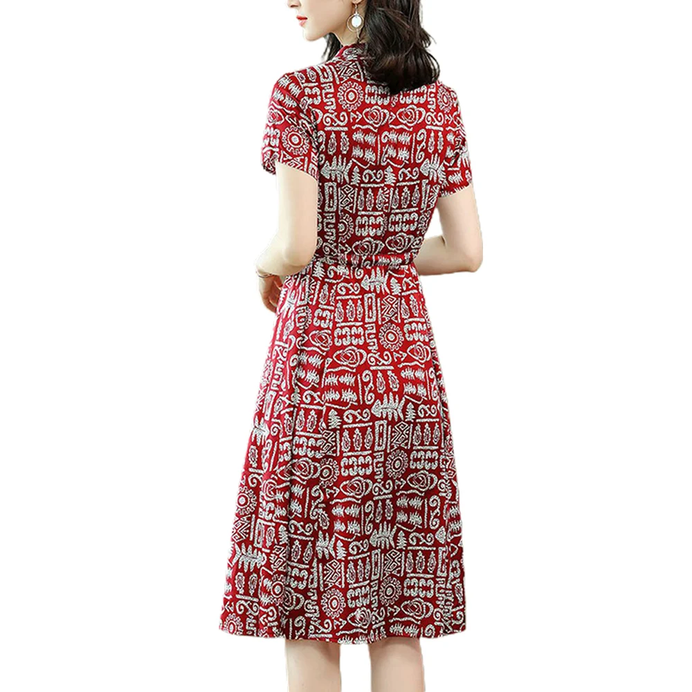 

Short Sleeved Collect Waist in The Middle of The Long Dress Women Summer 2021 Print Straight V-neck Casual Elastic Waist Female