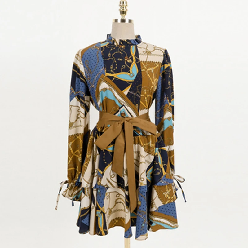 

2020 Autumn Fashion Design Stand Long Sleeve Lace-up Sashes Dress Women Vintage Chain Print Slim OL Office Short Dress