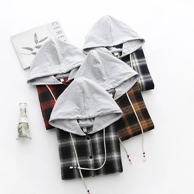 

HSA 2021 Woman Plaid Hooded Shirt Handsome Cool Girl Harajuku Aesthetic Streetwear Casual Loose Tops T-Shirt With Hat