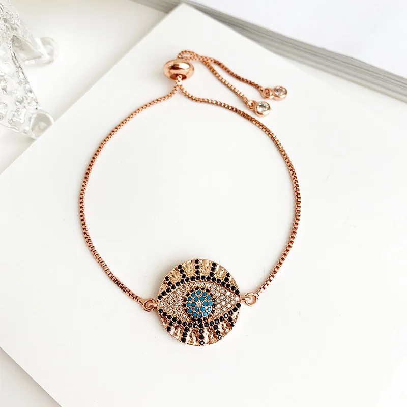 eye rose gold Золотой браслет Evil Eye для женщин CZ Радуга турецкий черный медь инкрустация циркон браслет из голубых кристаллов девушки ожерелье от сглаза - Окраска металла: eye rose gold