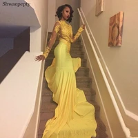 shwaepepty african girls yellow formal evening dresses sexy illusion top appliques lace long train prom dress women special gown